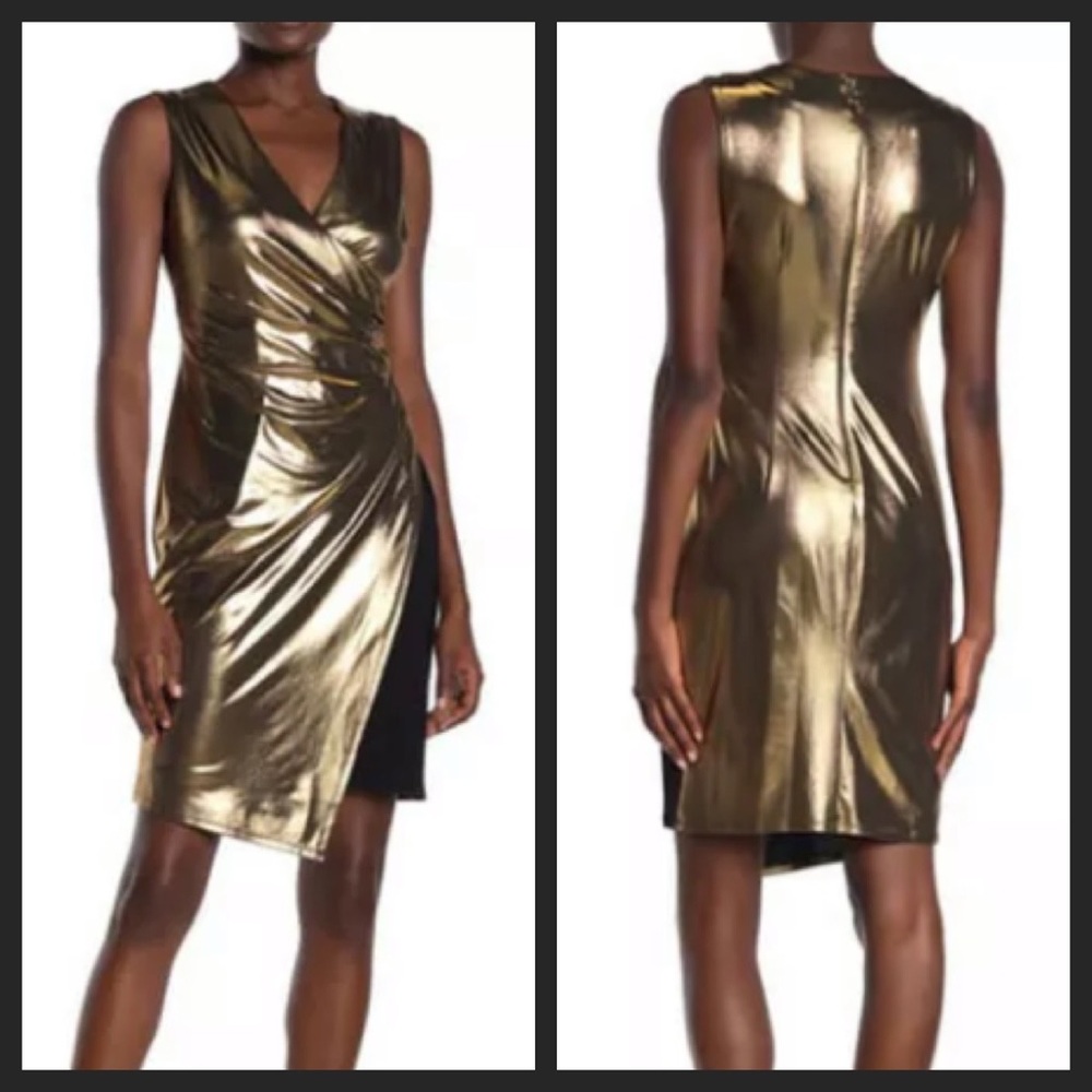 ❤️‍🔥 NWT Metallic Gold Surplice Wrap Cocktail Dress